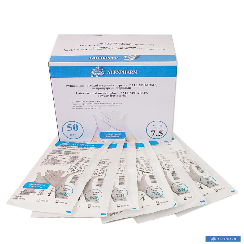 Рукавички хірур.латекс.неприпудрені, стерильні р.7,5  "ALEXPHARM"